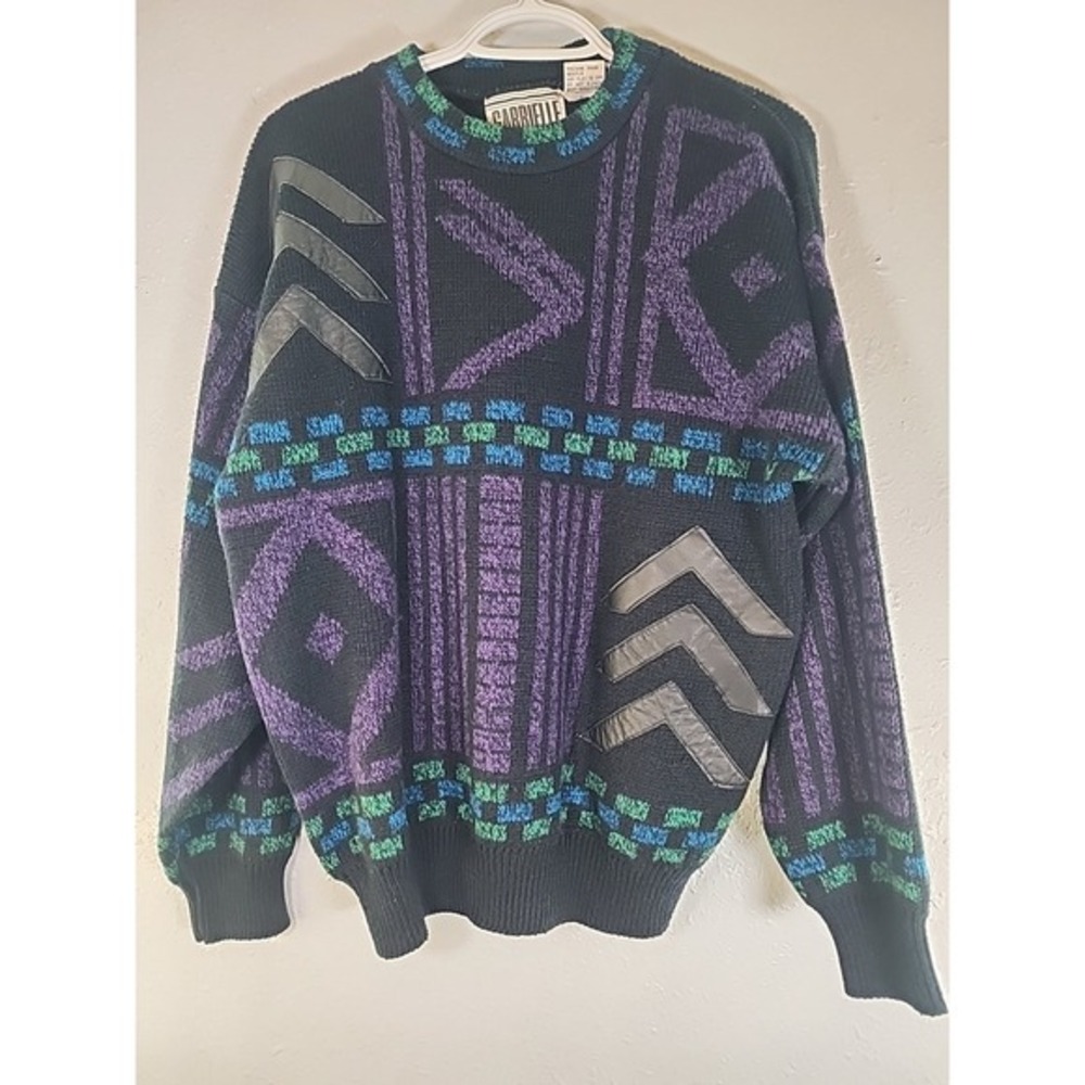 VTG Gabrielle Knit Sweater Womens L Black Leather Acrylic‎ Geometric Long Sleeve